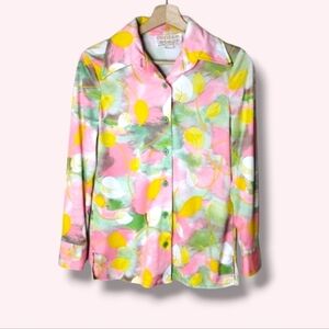 Center Stage Vintage 70s Floral Pastel Blouse Dagger Collar Retro Groovy